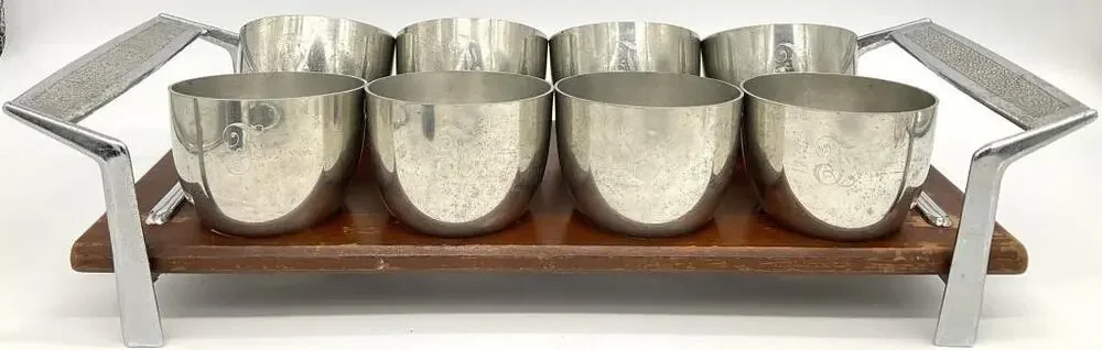 Vintage MCM Mid Century Set of 8 Pewter Jefferson Cups & Tray Web Pewter 1101